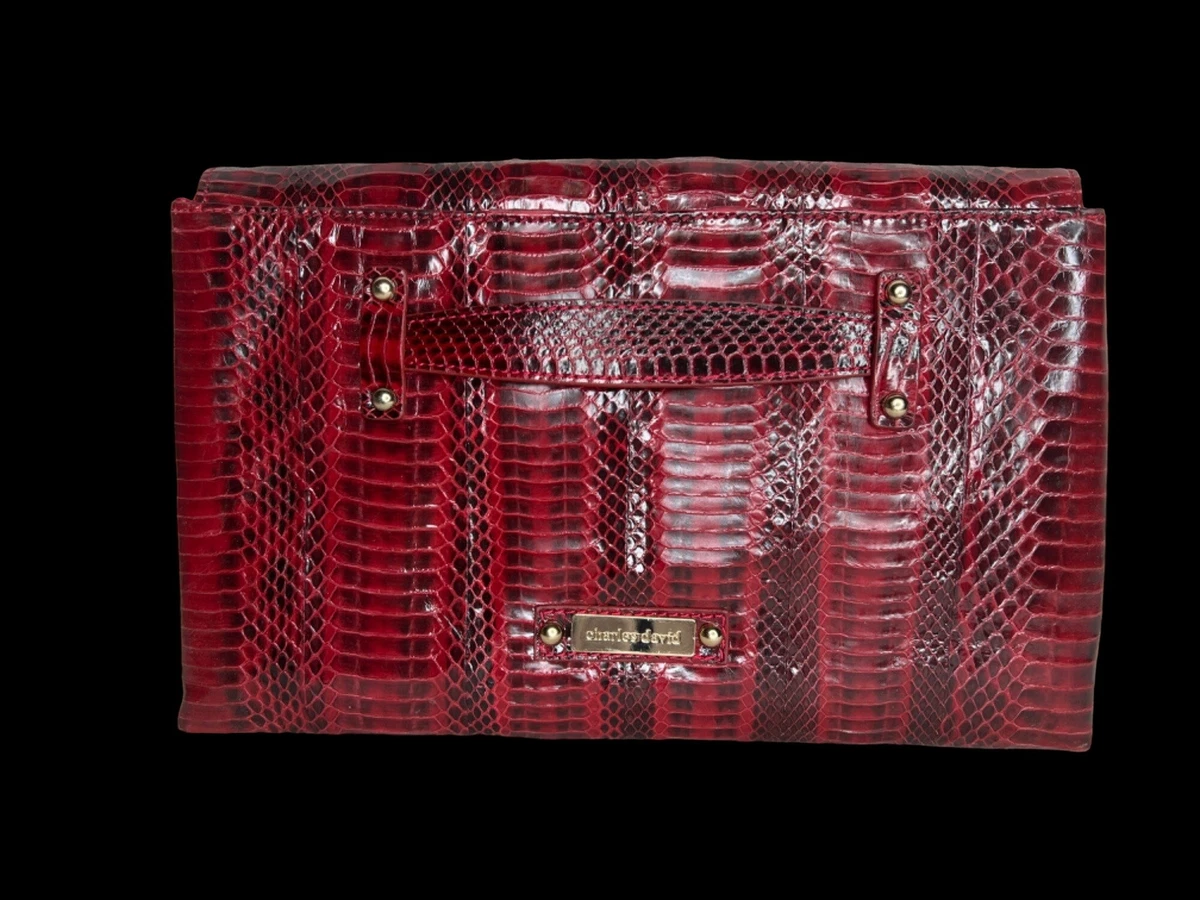 Charles David Red Leather Clutch Python Snake Print Handbag Purse Magnetic Close
