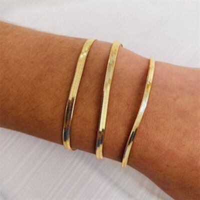 3/4/5mm Woman 14K Gold Plated Herringbone Flat Snake Chain Bracelet Bangle 7-9''