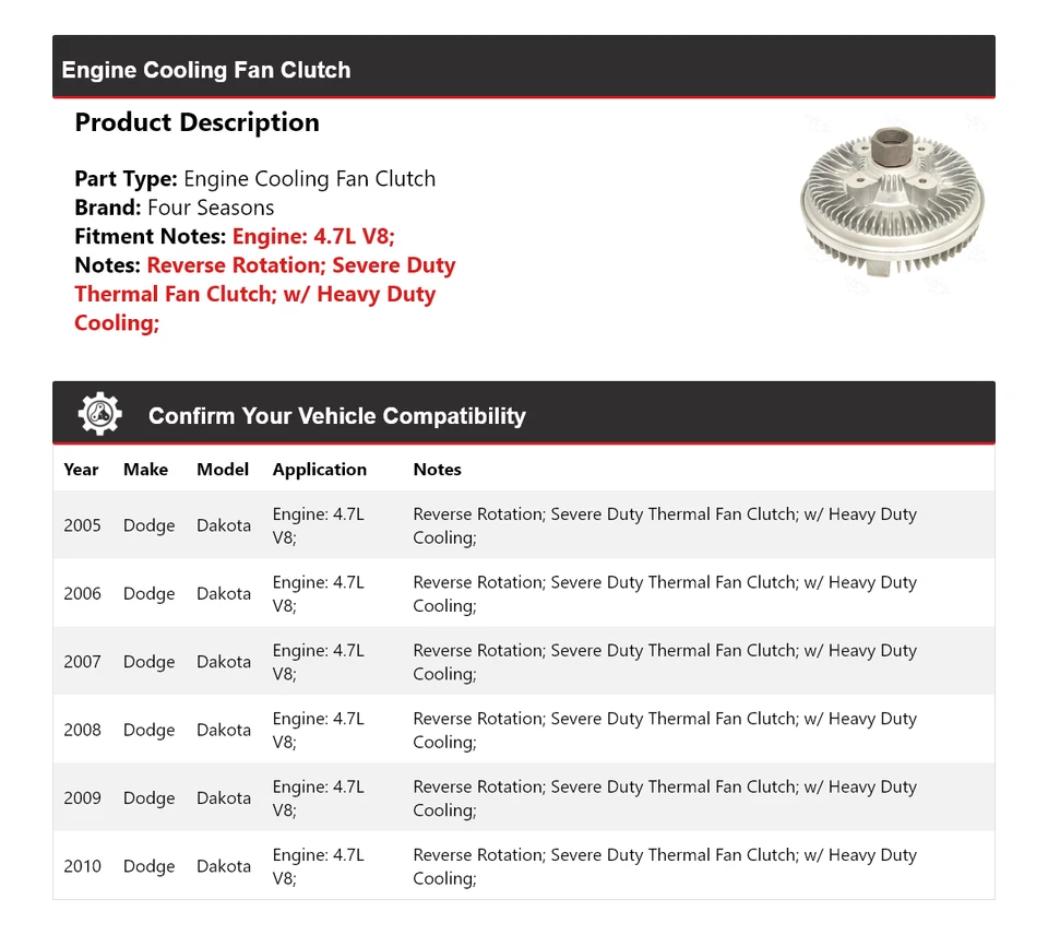 Embrague ventilador refrigeración motor V8 4 estaciones 2006 2007 Dodge Dakota 2005-2010 Foto 2 de 4