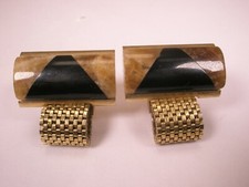Black  Yellow Inlaid Onyx  Gold Tone Wraparound Mesh Vintage Cuff Links