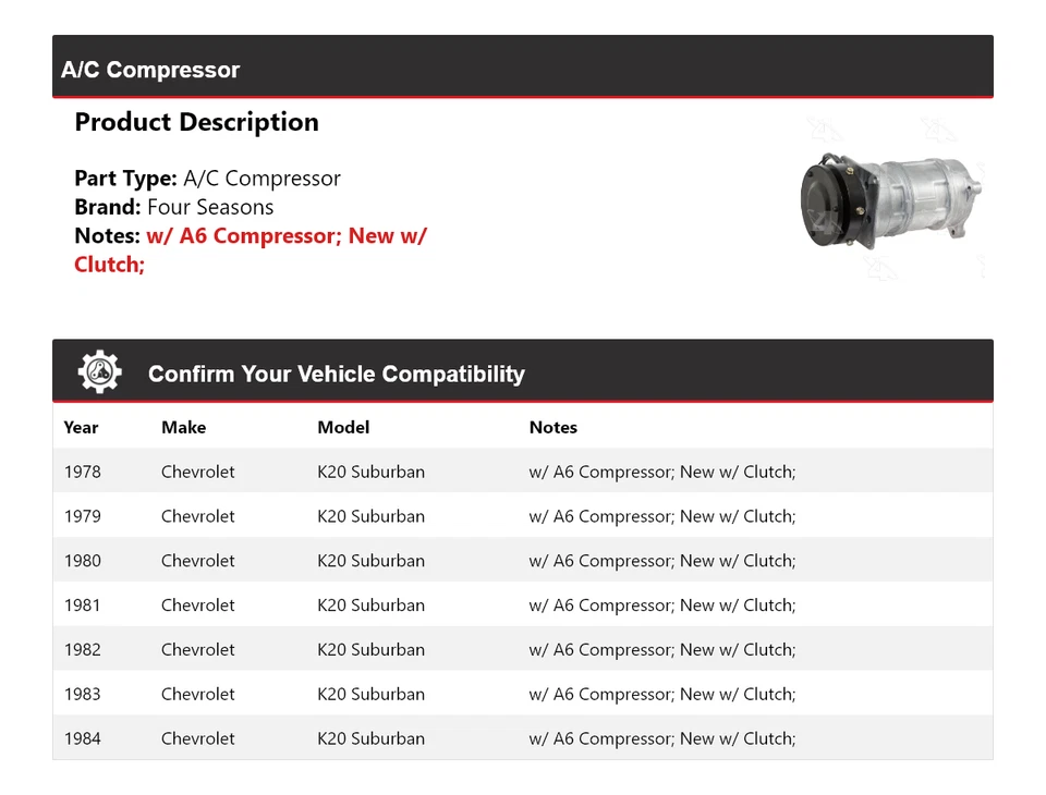 For 1978-1984 Chevrolet K20 Suburban A/C Compressor 4 Seasons 1979 1980 1981 - Image 2 of 4