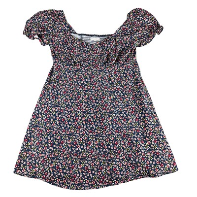 Coco + Jaimeson Dress Womens Large Navy Blue Puff Sleeve Floral Crew Neck Casual