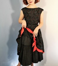 1950s Vintage Party Dress Black Taffeta Red Embroidery Pleated Prom Swing