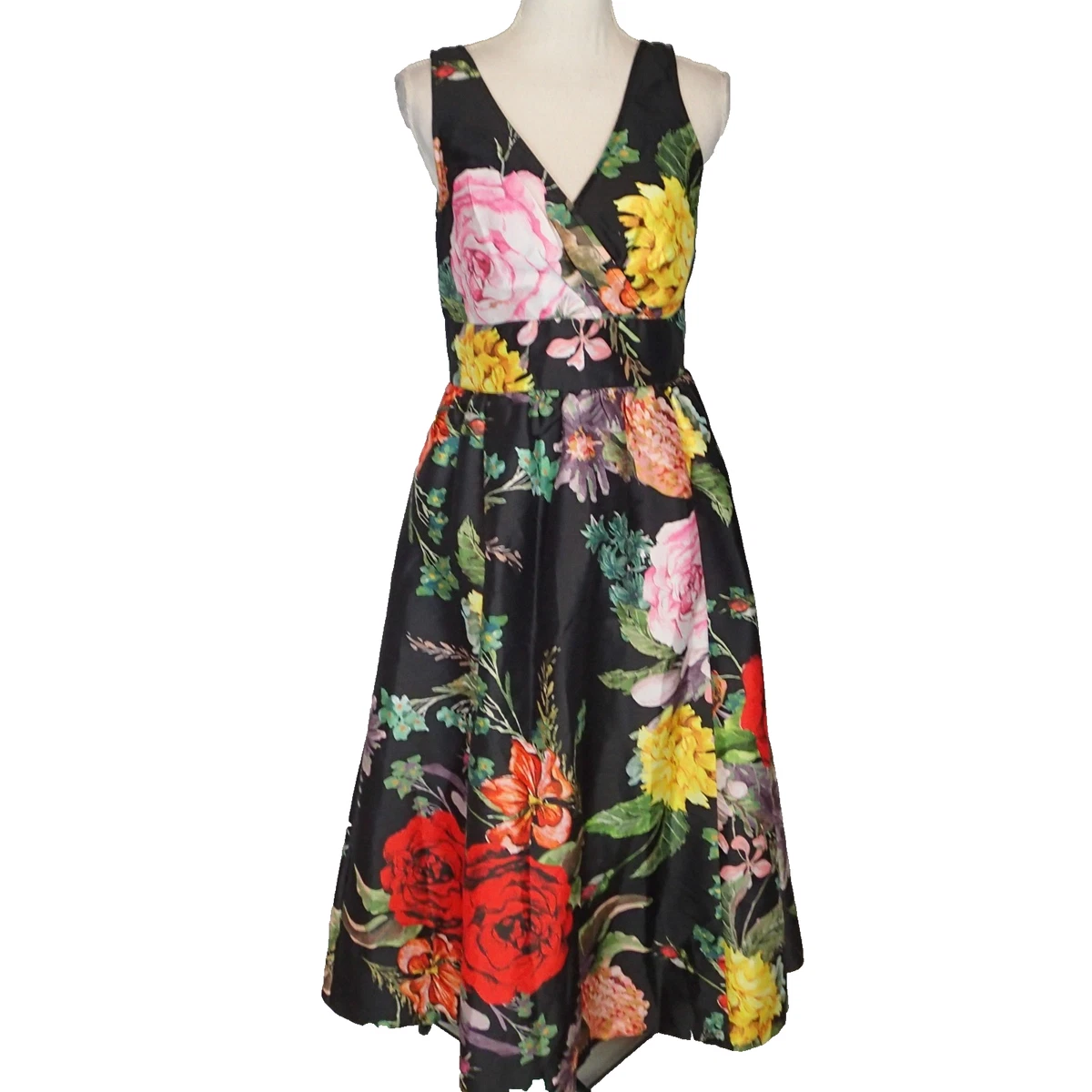 sachin and babi light blue dress EShakti Black Floral Embroidered A-Line Vneck Dress size M main image 0