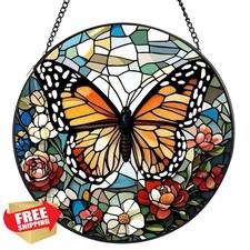 Butterfly Stained Glass Sun Catcher 7.8" Round Wall Art