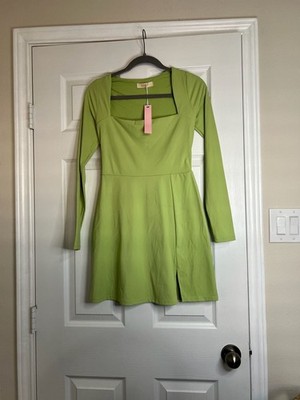 Qinsen New with Tags Green Long Sleeve Square Neck Mini Slit Dress | eBay