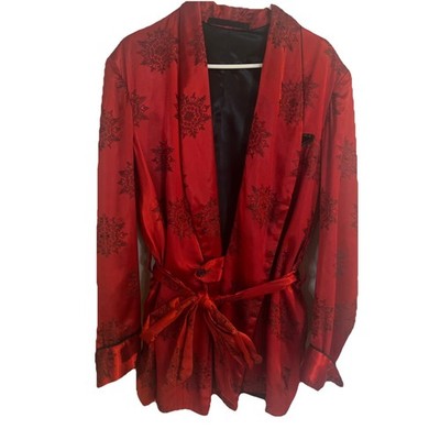 Vintage Silk Satin Smoking Jacket- Red, Embroidery, Belted Robe-Mens Sz 42/44