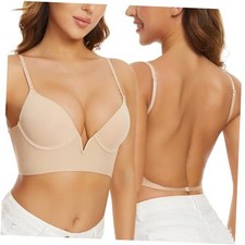 Low Back Bras-Seamless Deep-V Plunge Invisible Backless Bra-Lightly 34D Nude