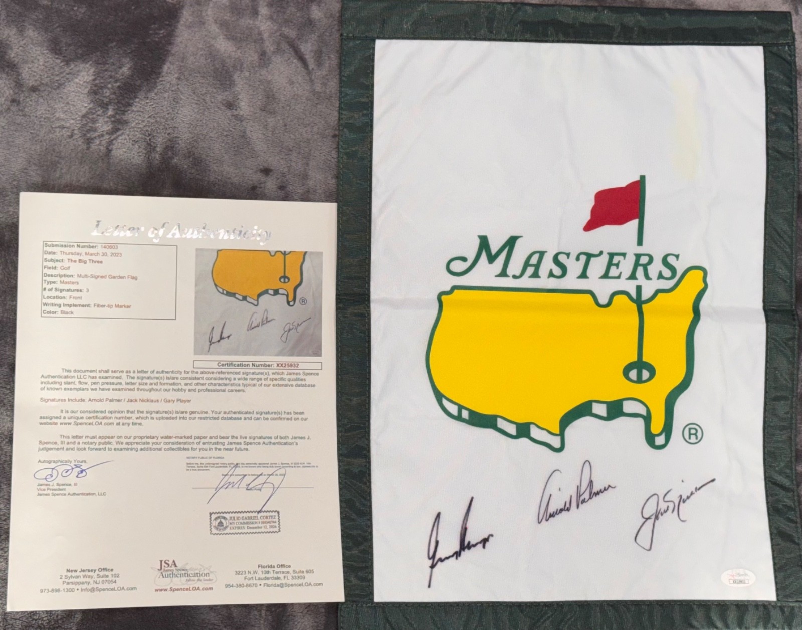 Tiger Woods Autographed Signed Augusta National Golf Big 3 w/ Arnold Palmer & Jack Nicklaus Masters Flag JSA 