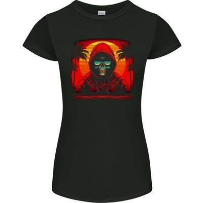 A Retrowave Skelett Mit Urlaub Sonnenuntergang Schädel Damen Petite Cut T-Shirt