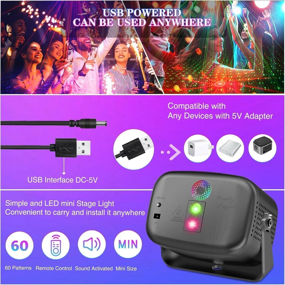 Mini Disco Party Light RGB Strobe Lamp Remote Control USB DJ Lighting 60 Effects - Image 2 of 4