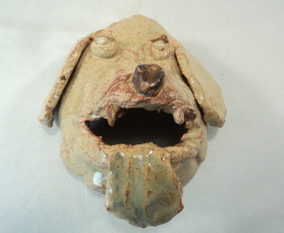 Vintage 80's Studio Art Pottery Ugly Dog Head Sculpture Signed Jess R