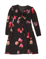 VINTAGE Womens Long Sleeve A-Line Dress UK 14 Medium Black Floral DO08