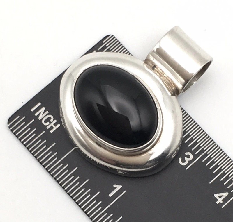 Vintage Sterling Silver Black Onyx Oval Pendant Marked Mexico 925 13.4g #29