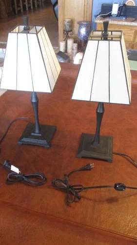 Pair Lighting Tiffany Style Mission Table Lamp Vintage Stained Glass Decor