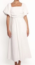 Petal And Pup White  Midi Dress Puff Sleeves Lining, Skirt With Sides Pockets M