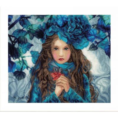 Lanarte Kreuzstich Set ''Mädchen mit Blauen Blumen'', Zählmuster, 38x32cm