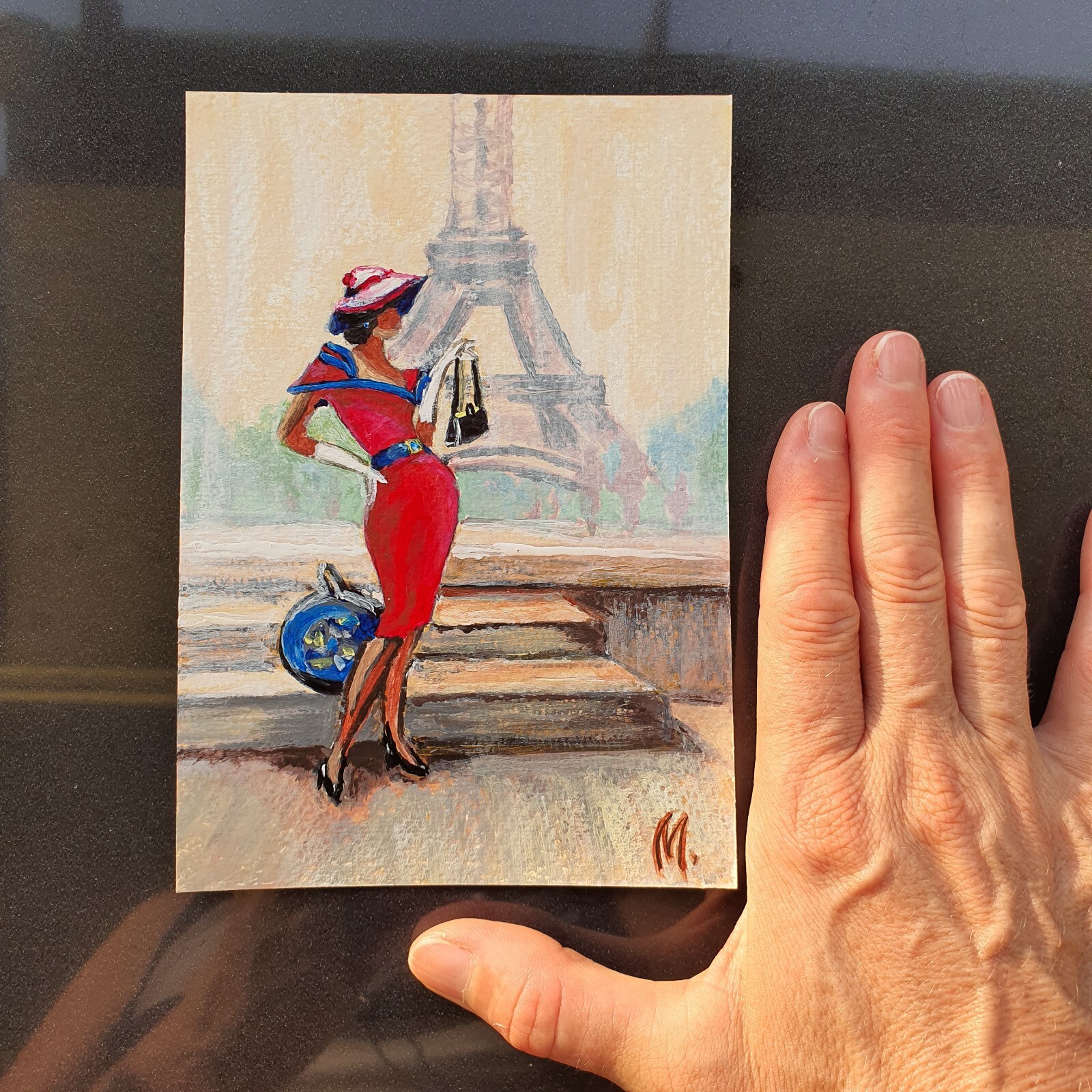 Paris Painting France Cityscape Eiffel Tower Original Art Woman Figure  Vintage