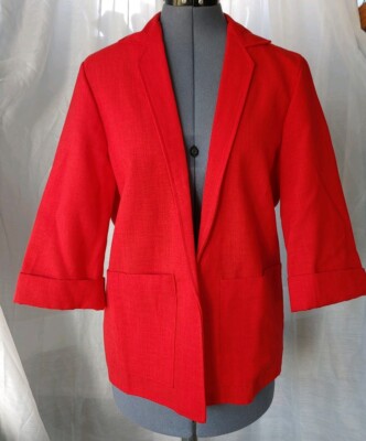 Vintage Alicia Red Linen Jacket with 3/4 Sleeves & Front Pockets