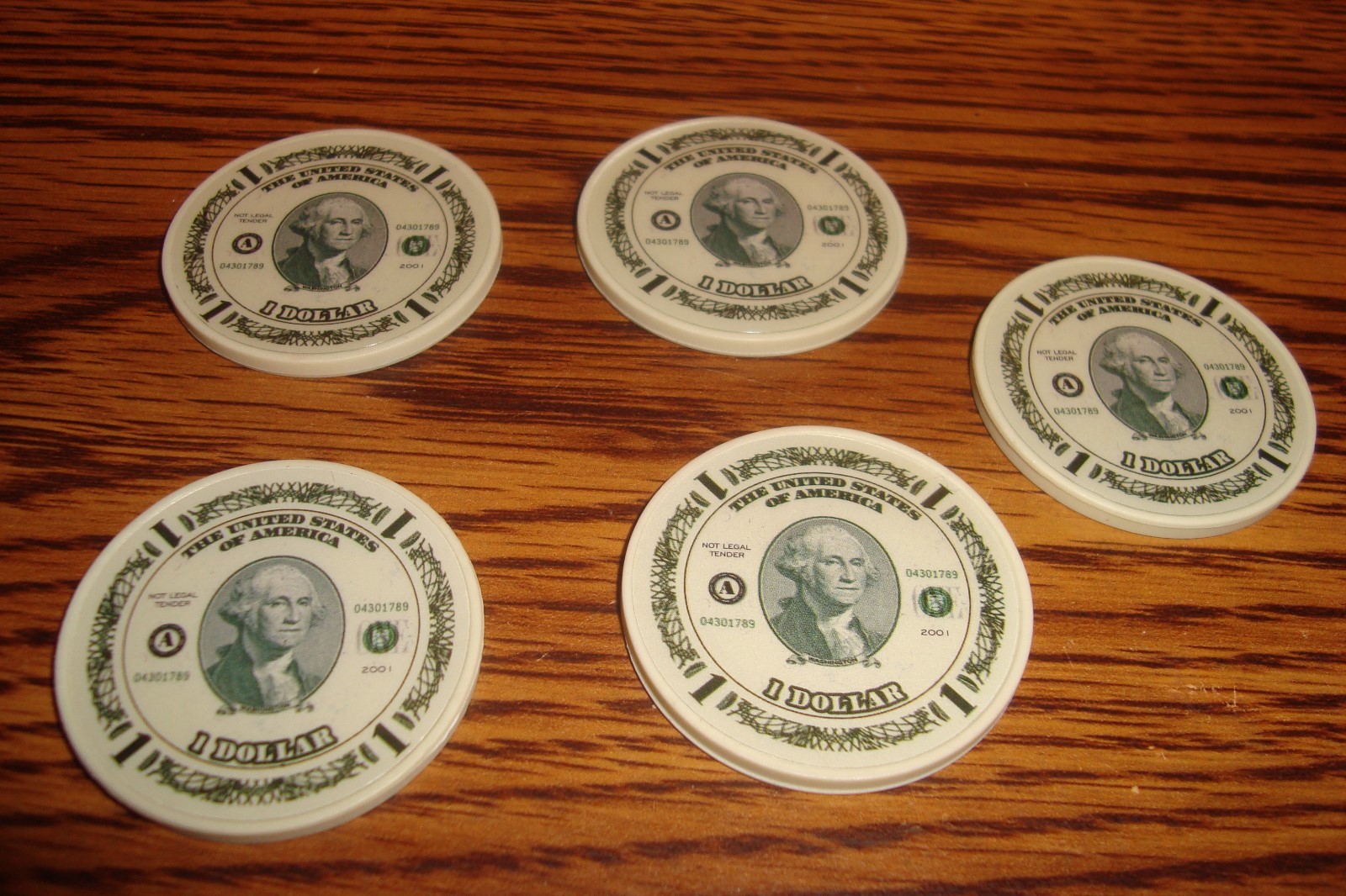 #5 Five George Washington $1.00 Dollar Currency Poker Chips, Golf Ball marker