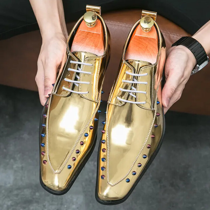 SAOLA Scarpe uomo punta quadrata stringate vernice rivetti formali festa eleganti clubwear