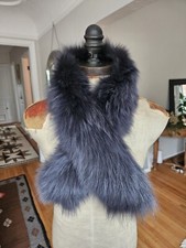 Fox Fur Scarf Dark Navy Blue/gray Dyed Satin 33"Scarf Collar Neck Warmer