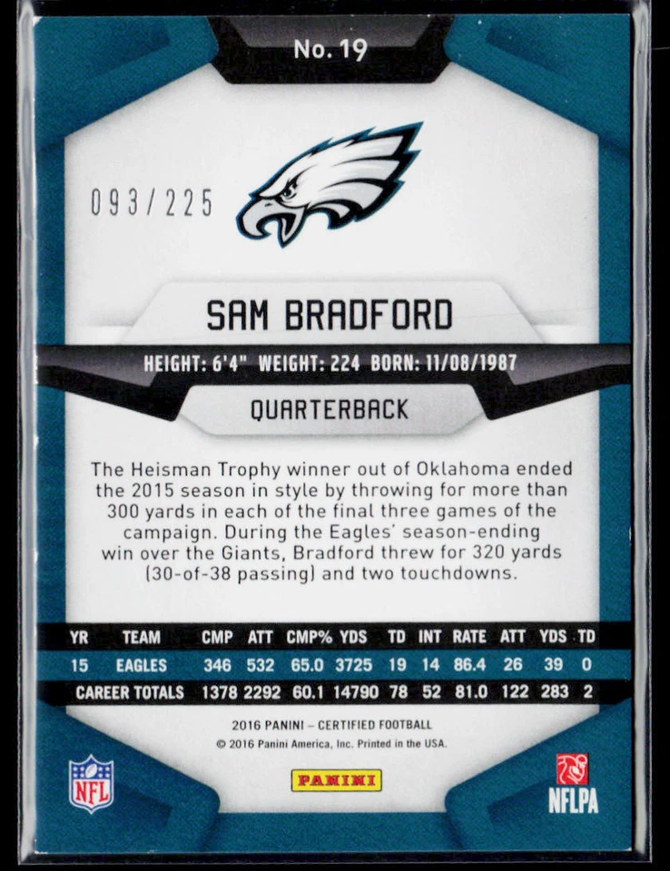 2016 Panini Certified #19 Sam Bradford Mirror Orange #/225 - Image 2 of 2