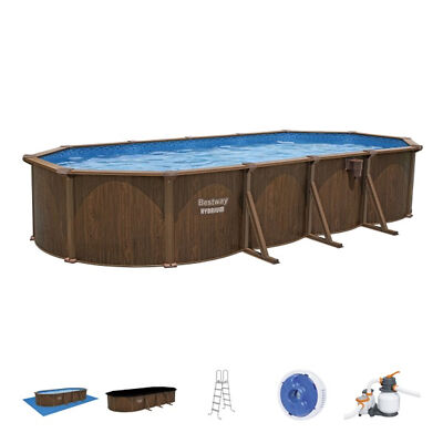 Bestway Hydrium 24'x12'x52'' Oval Above Ground Swimming Pool Set, Brown Woodgrain