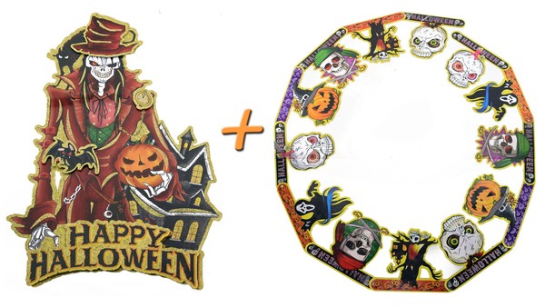Halloween Deko 2Er Set (Papier Girlande + AufhäNgebild) Dekoration Skelett Bild-image