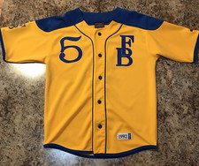 Vintage FUBU Baseball Jersey Yellow Blue 5 Youth Medium Button Up 90's Y2K