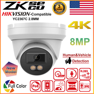 4K 8MP Hikvision Compatible Full Color Security IP Camera Outdoor POE MIC 2.8MM