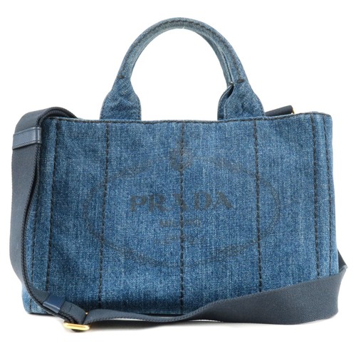 PRADA Logo Canapa Mini Shoulder Bag Hand Bag Blue Denim B2439G Auth Used