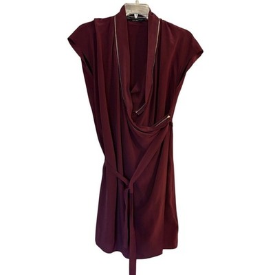 ALLSAINTS Womens Size 4 Purple Burgundy 100% Silk Adria Zipper Wrap Dress