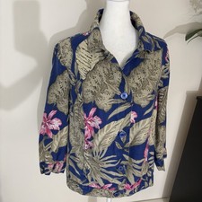 Chicos Jacket Womens 1 Medium Blue Pink Tropical Floral Linen 3/4 Sleeve Beachy