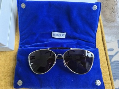 Burberry Aviator Sunglasses Silver Metal Frame  Logo on Lens