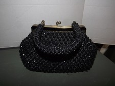 Vintage Black Beaded Purse/Beaded Handle Crochet/Woven - Japan 7"T x 12"L x 5"D
