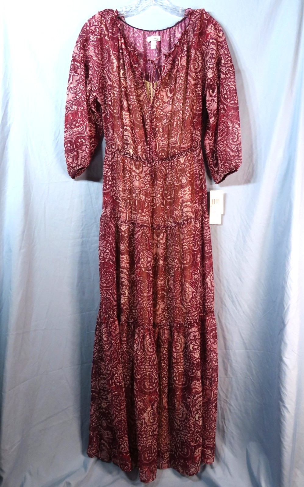 NWT Speechless Peasant Dress BURGUNDY/IVORY BATIK Tiered Maxi LINED CHIFFON sz M