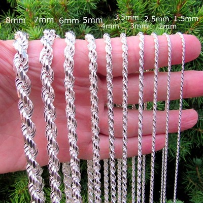 Solid 925 Sterling Silver Diamond Cut Rope Chain Hip Hop Necklace