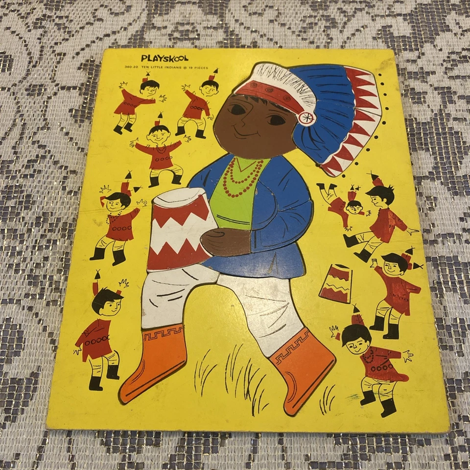 2 Vtg Wooden Puzzles MAN ON THE MOON(Astronaut) & TEN LITTLE INDIANS (Playskool) - Image 3 of 3