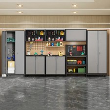 Garage Storage Cabinet System Rolling Shelving Workshop Set w/Steel Wall Cabinet