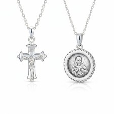 Set of 2 Jesus Medallion  Crucifix Cross Pendant Necklace .925 Sterling Silver