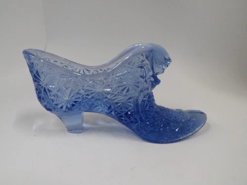 Fenton Blue Opalescent Glass Daisy & Button Shoe Cat Head Slipper Vintage Marked