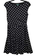 Lauren Ralph Lauren Dress Womens 10P Black White Dot Swing Flounce Ruched Flirty