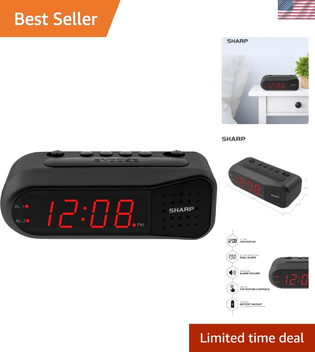 With Ascending Volume & Dual Alarm - Black/red