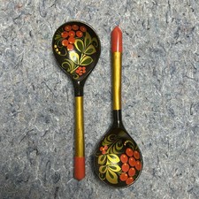 Vintage Russian Khokhloma Wooden Spoon Set Pair Hand Painted Black Gold Red