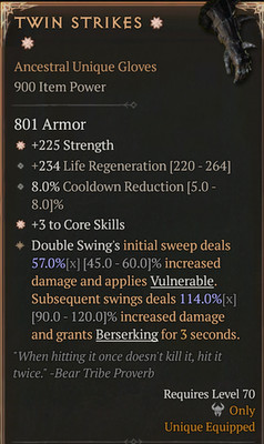  DIABLO 4 SEASON 13 LoH Gloves Twin Strikes 2GA Strength + Core Skills 114%