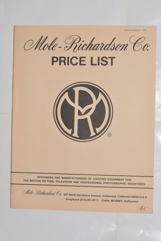Mole-Richardson Co. Lighting & Movie Equipment Rental Price List (August 1974)