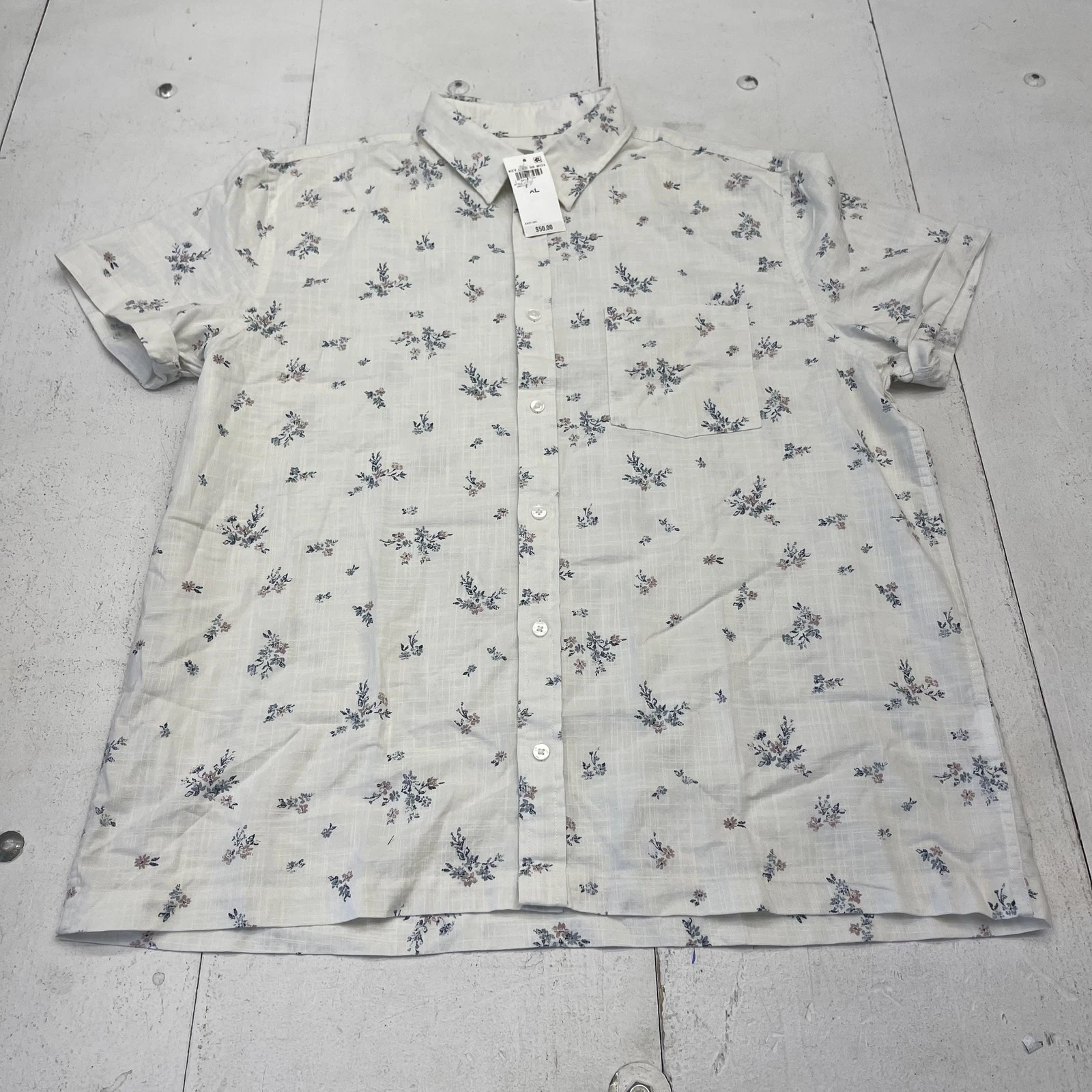 Sun + Stone Shirt Mens XL White Floral Short Sleeve Button Up Lightweight Casual