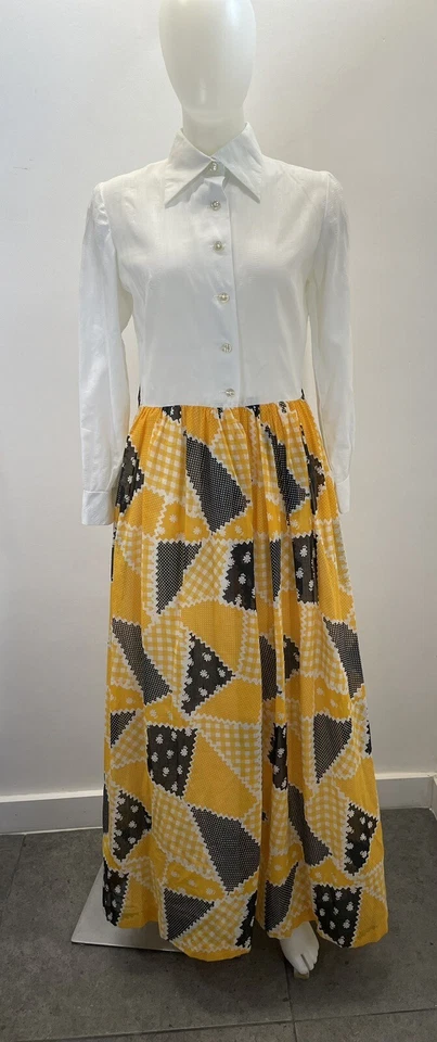 VTG 70s Hostess Dress Maxi Patchwork Print Sparkly Gown SZ M - Image 1 of 4