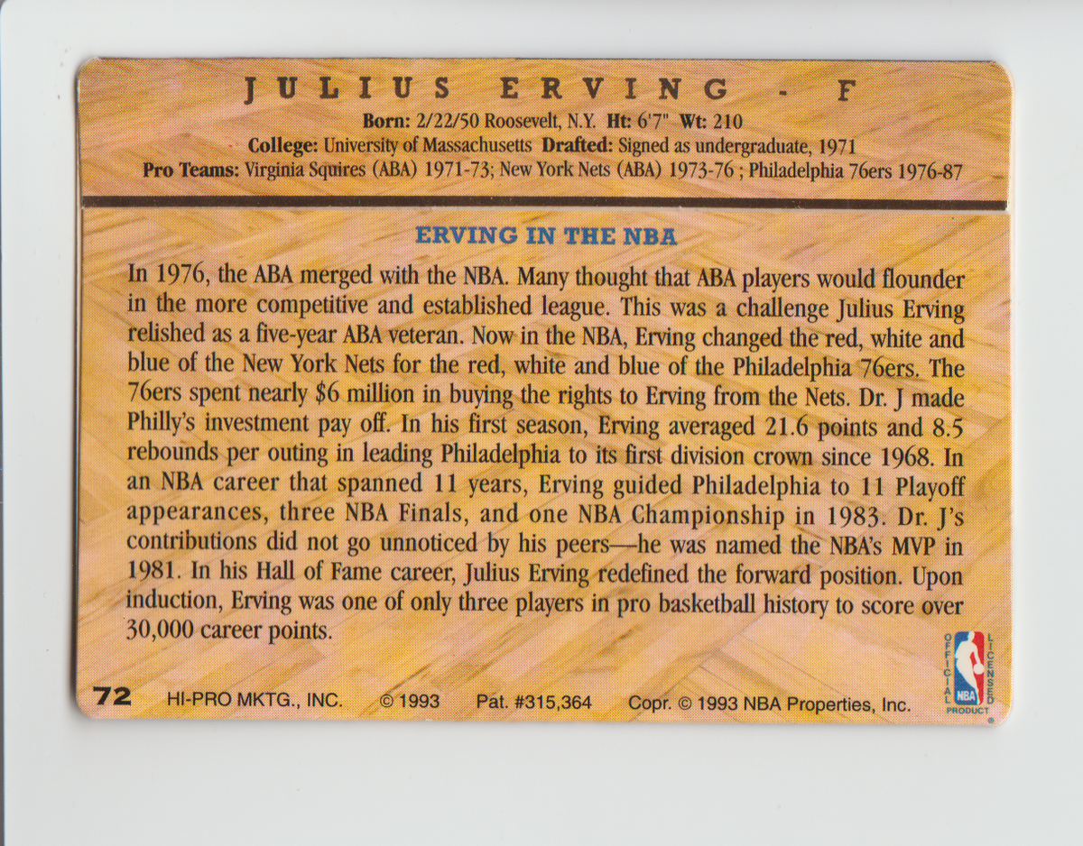 1993 Action Packed #72 Julius Erving card, Philadelphia 76ers HOF
